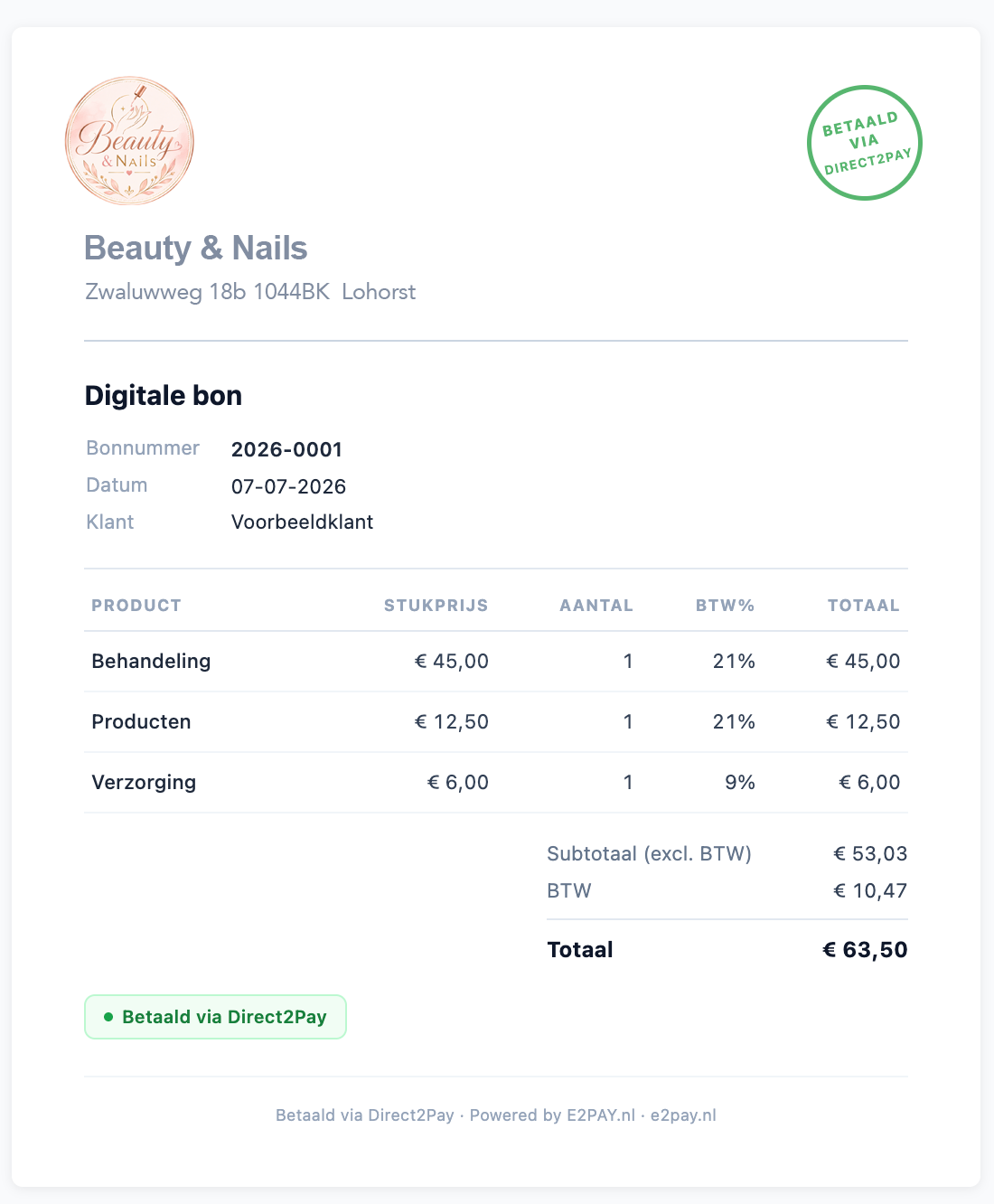 Voorbeeld digitale bon Direct2Pay